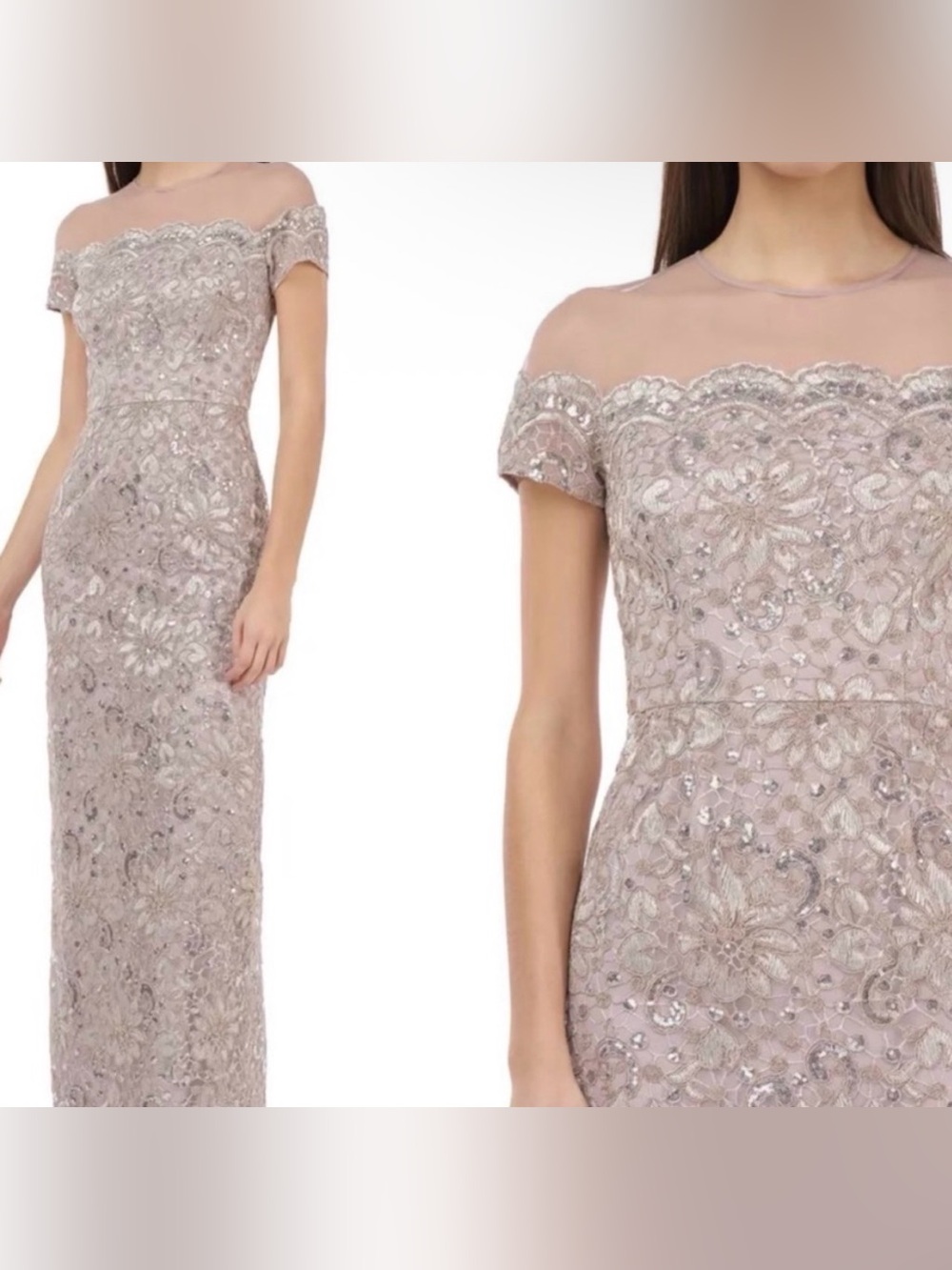 NWT JS COLLECTION CHAMPAGNE FLORAL LACE ILLUSION FORMAL COLUMN GOWN SIZE 8